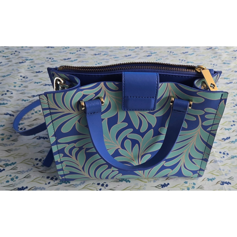 Kate Spade Blue Teal Botanical Leaf Satchel Handbag and Matching Wallet Set